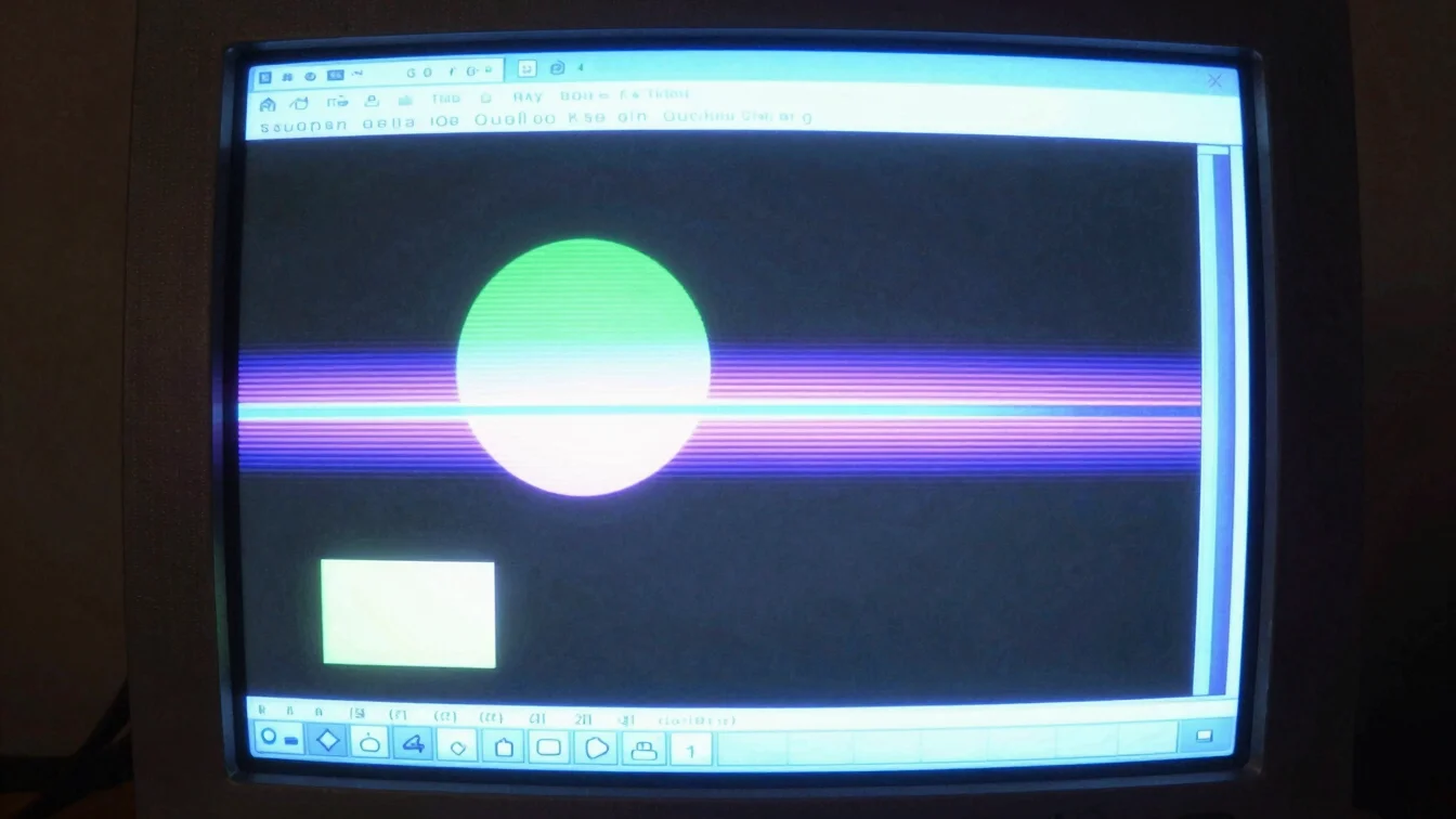 Lo-fi digital photo of a glowing CRT monitor displaying abstract