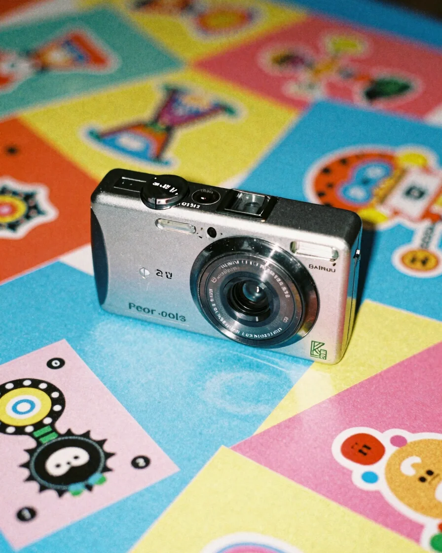Direct flash photograph of a vintage point-and-shoot digital camera resting on a colorful desk alongside paper scrapbook