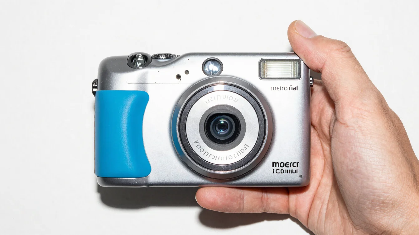 Lo-fi digital photo of a hand holding a vintage instant camera, d